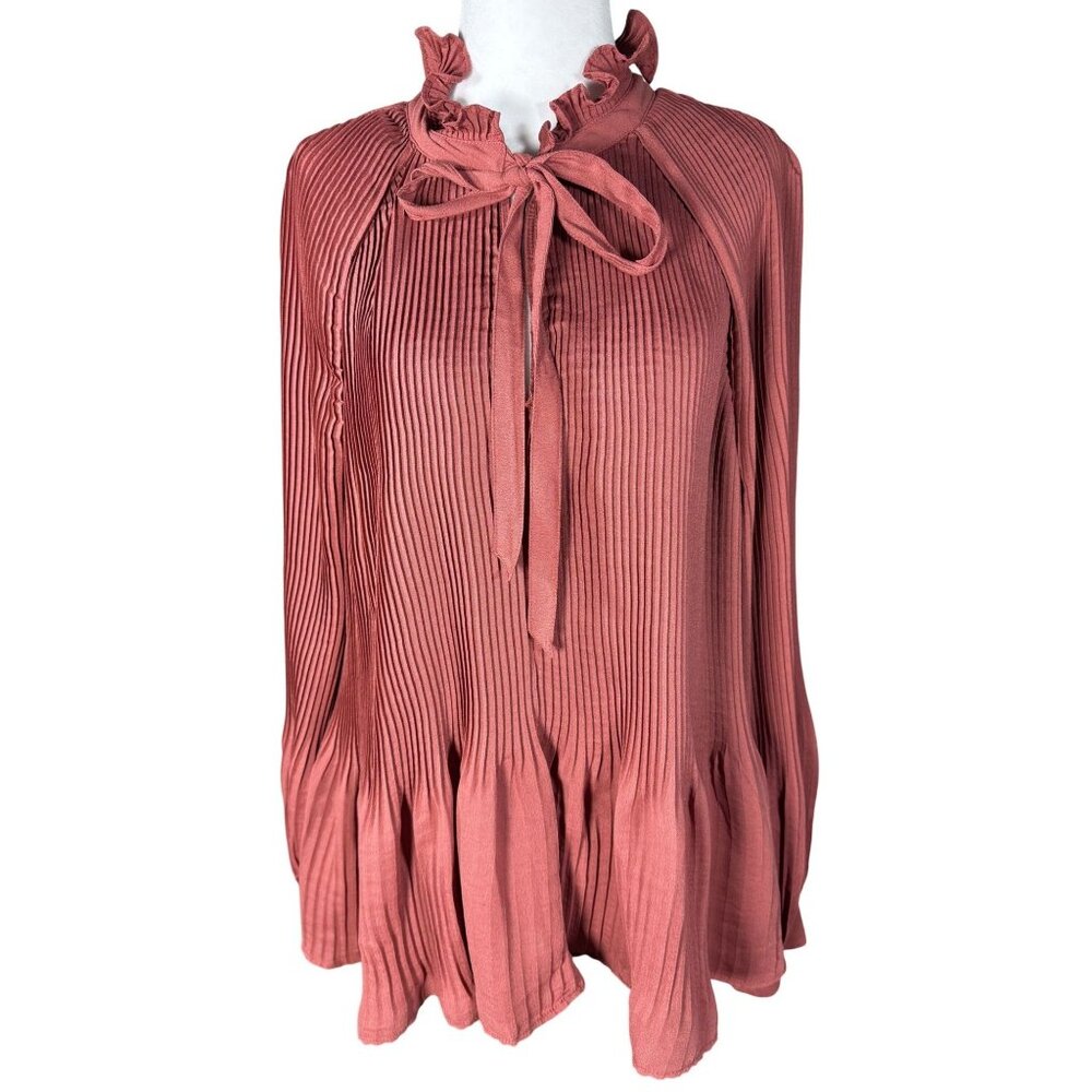NWOT Treasure & Bond Womens Blouse Size XL Red Rust Pleated Ruffle Neck Tie